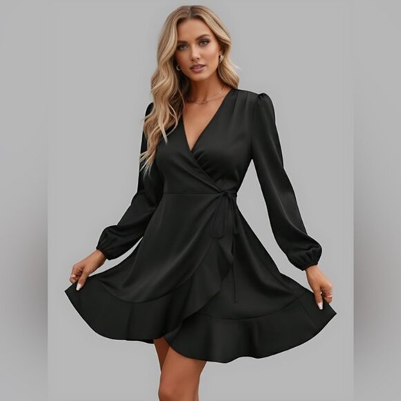 Black Satin Wrap Tie Lantern Sleeve Dress - Picture 3 of 6